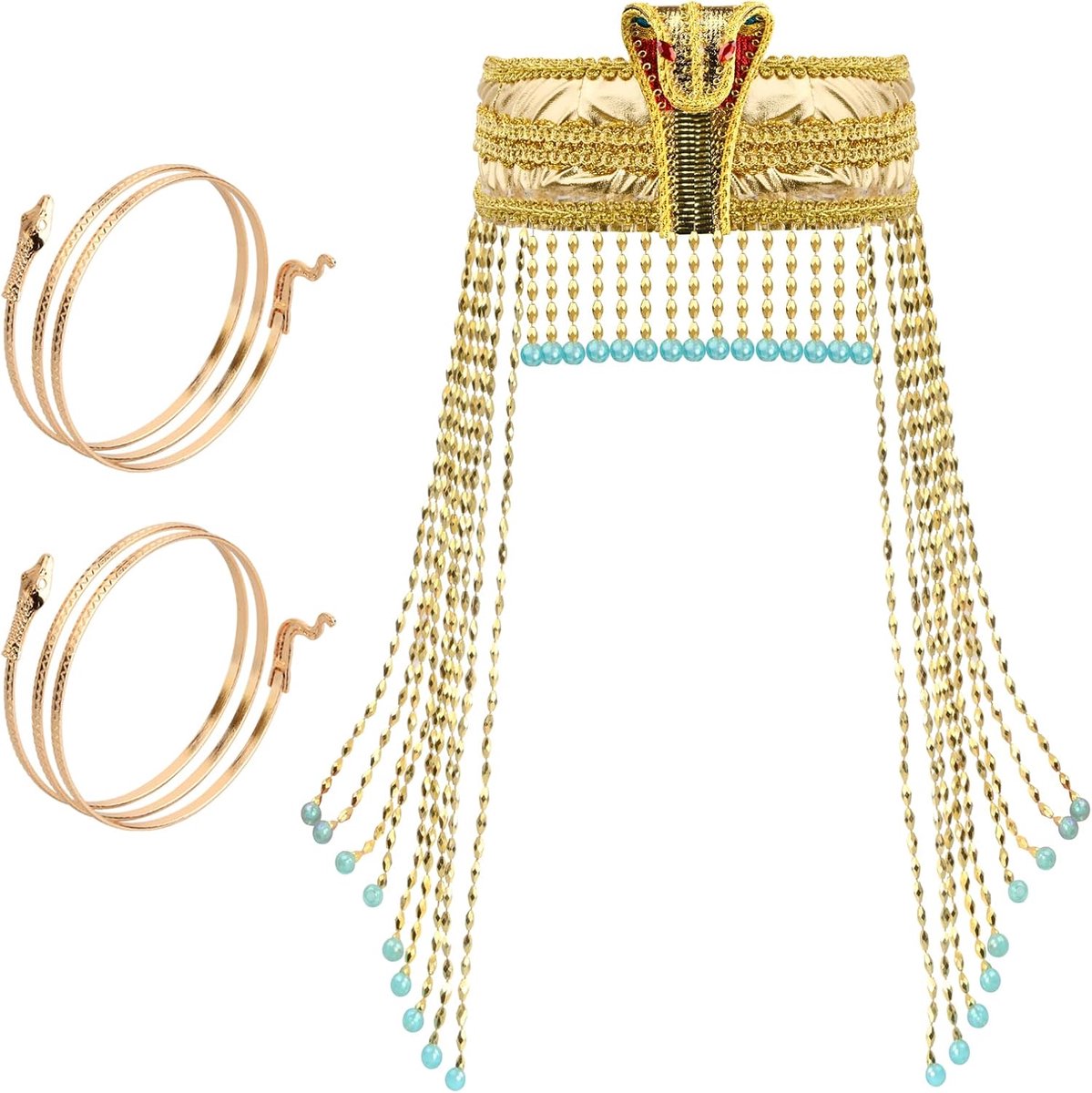 Kostuumaccessoires, Egyptische hoofdtooi met 2 metalen slangenmanchetten, voor dames, school, Egyptische dagen, vintage stijl, Halloween, 3 stuks