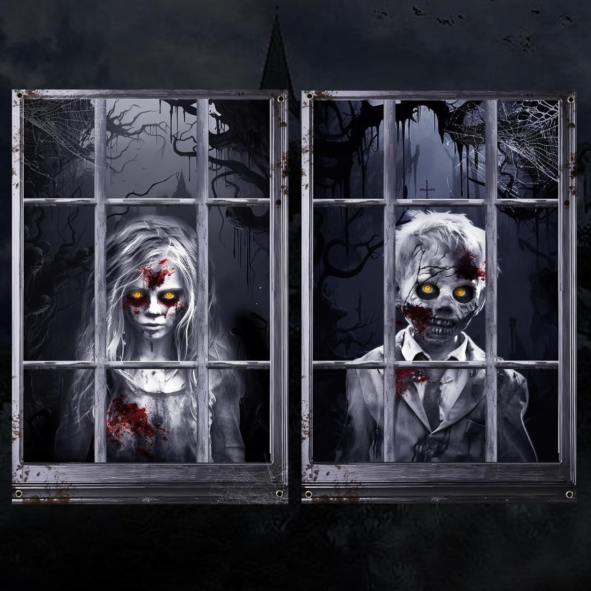 2 stuks, ramen, griezelige kamerdecoratie met horrormotief, voor Halloween, binnen en buiten, raam, wanddecoratie (A)