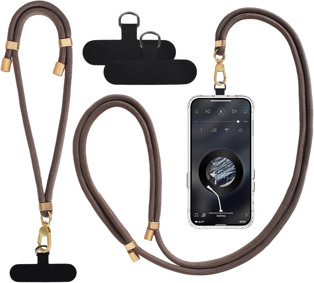 2 stuks telefoonkettingen universeel geschikt voor alle smartphones met 2 universele patches, telefoonband geschikt voor alle standaard hoezen (kaki)