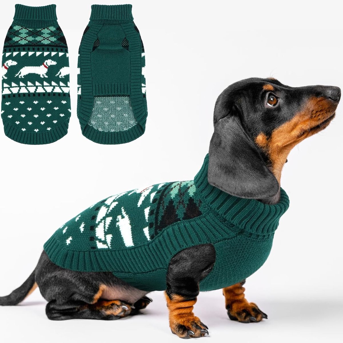 Hondentrui voor teckel, gebreide trui met teckelpatroon, warme hondentrui, rolkraag, wintertrui voor kleine honden, groen, XS