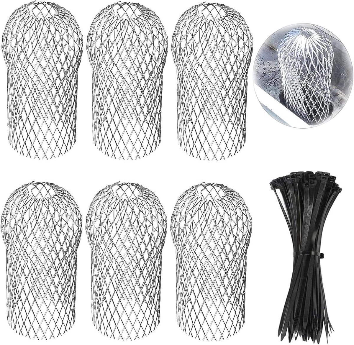 6 stuks filters voor dakgoot, 9 cm x 17 cm, bescherming voor dakgoot, met 25 kabelbinders, afvoerrooster voor dakgoot, beschermingsfilter voor dakgoot