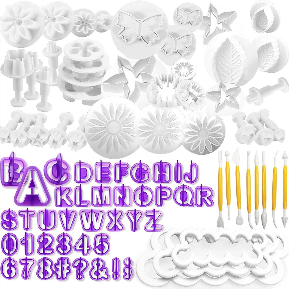 Fondant uitsteekvormpjes bakken fondant set DIY 84-delig uitsteekvormen voor letters, cijfers, rozenbloemvormen set fondant gereedschap uitwerper stempel modelleergereedschap & accessoires voor taartdecoratie