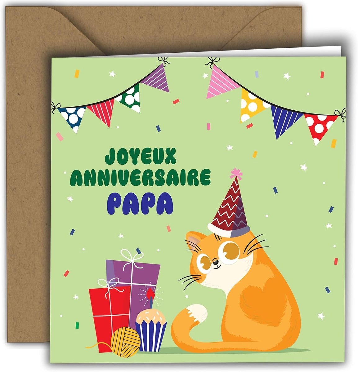 Colibri Verjaardagskaart kat met feesthoed - Happy Birthday Papa | gevouwen kaart (15 x 15 cm) - met kraftenvelop - blanco binnenkant