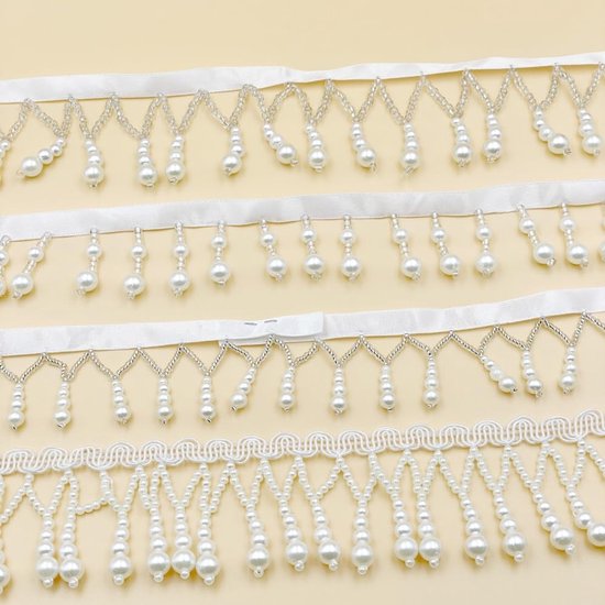 10 yards Kralen Lace Trim Linten Franjes Kralen Vintage Kant Bezet Kwastje Kralen Kwastpunt voor DIY Naaien Knutselen Bruiloft Party Bruidsjurk Kleding Decoratie, Wit B — afbeelding 3