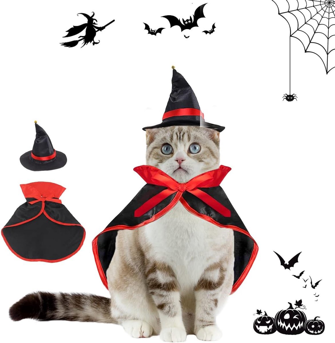 Vampierkostuum voor huisdieren Halloween, XiXiRan huisdierkostuum, kat, hond, cosplay-kostuum, huisdierkostuum, kat, cape, hoed, hondenkostuum