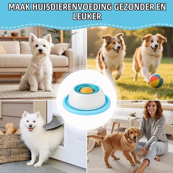 Verschillende honden, waaronder een West Highland White Terrier, Border Collies en een Akita, interageren met het product. Een vrouw zit met een golden retriever.