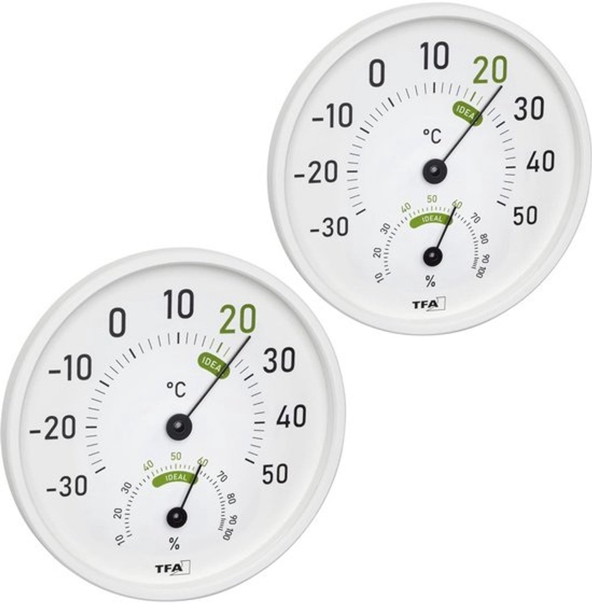 Analoge Thermo-Hygrometer Binnen en Buiten met Kleurzones voor Gezond Binnenklimaat (Set van 2)