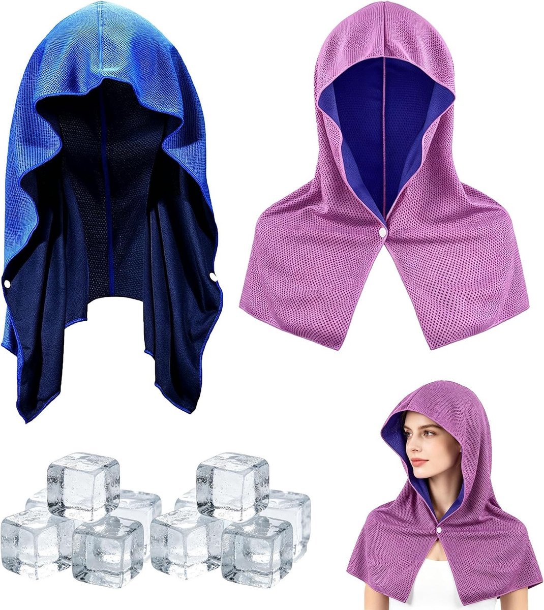Koel Hoodie Handdoek van IJszijde met Zonbescherming | Multifunctionele Sneldrogende Microvezeldoek voor Sport, Fitness en Kamperen - Set van 2 in Blauw en Paars