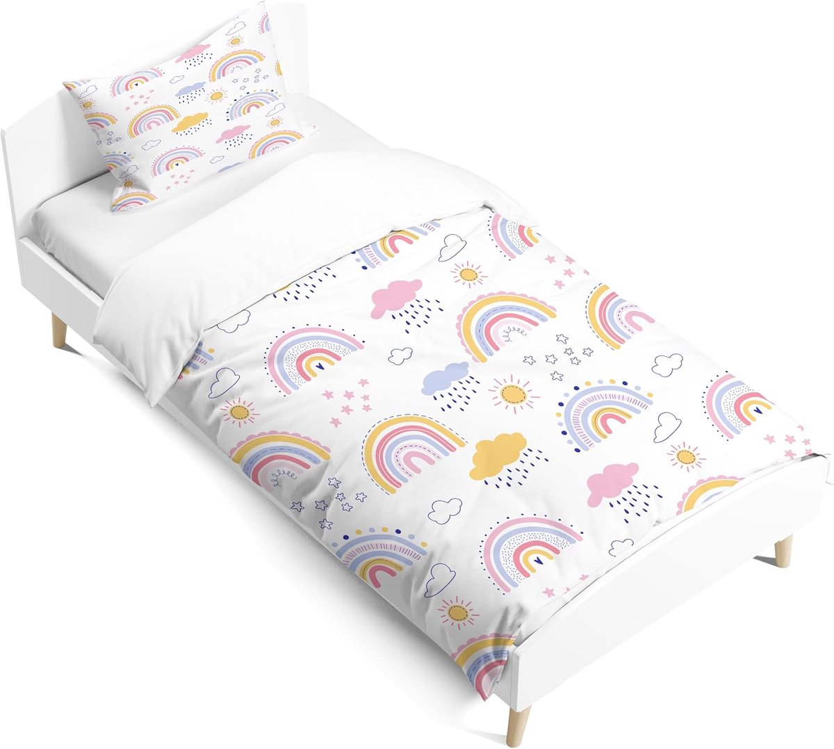 beddengoedset voor meisjes, kussensloop 40 x 60 cm, dekbedovertrek 120 x 150 cm, wolken beddengoed in cartoonstijl met soepel glijdende ritssluiting