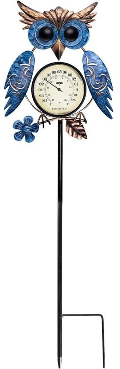 Uil Temperatuurmeter Paal - Tuin thermometer decoratie - Temperatuur Buiten Meten - Mechanische Beweging - 24 cm - Zwart