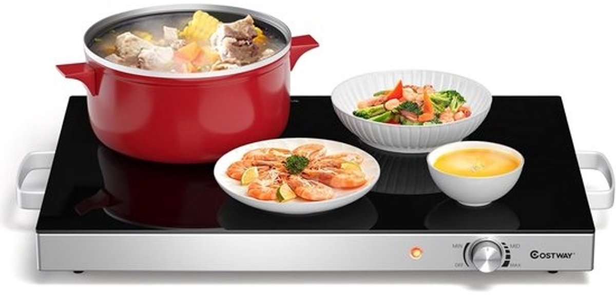 Warmhoudplaat Elektrisch - Buffetwarmer Voedselwarmer - Gerechten Warm Houden - Traploze Temperatuurregeling - 56 x 36 cm - Zilver met Zwart
