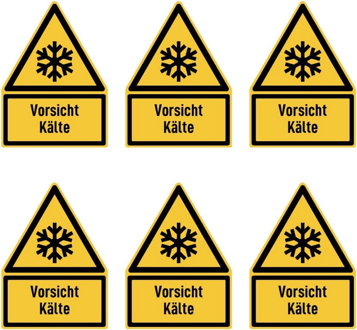 75 x 50 mm, 6 stuks - voorzichtig koud - waarschuwingsteken met tekst (Duits) (geel/zwart) - driehoek - W010 - DIN EN ISO 7010 / ASR A1.3