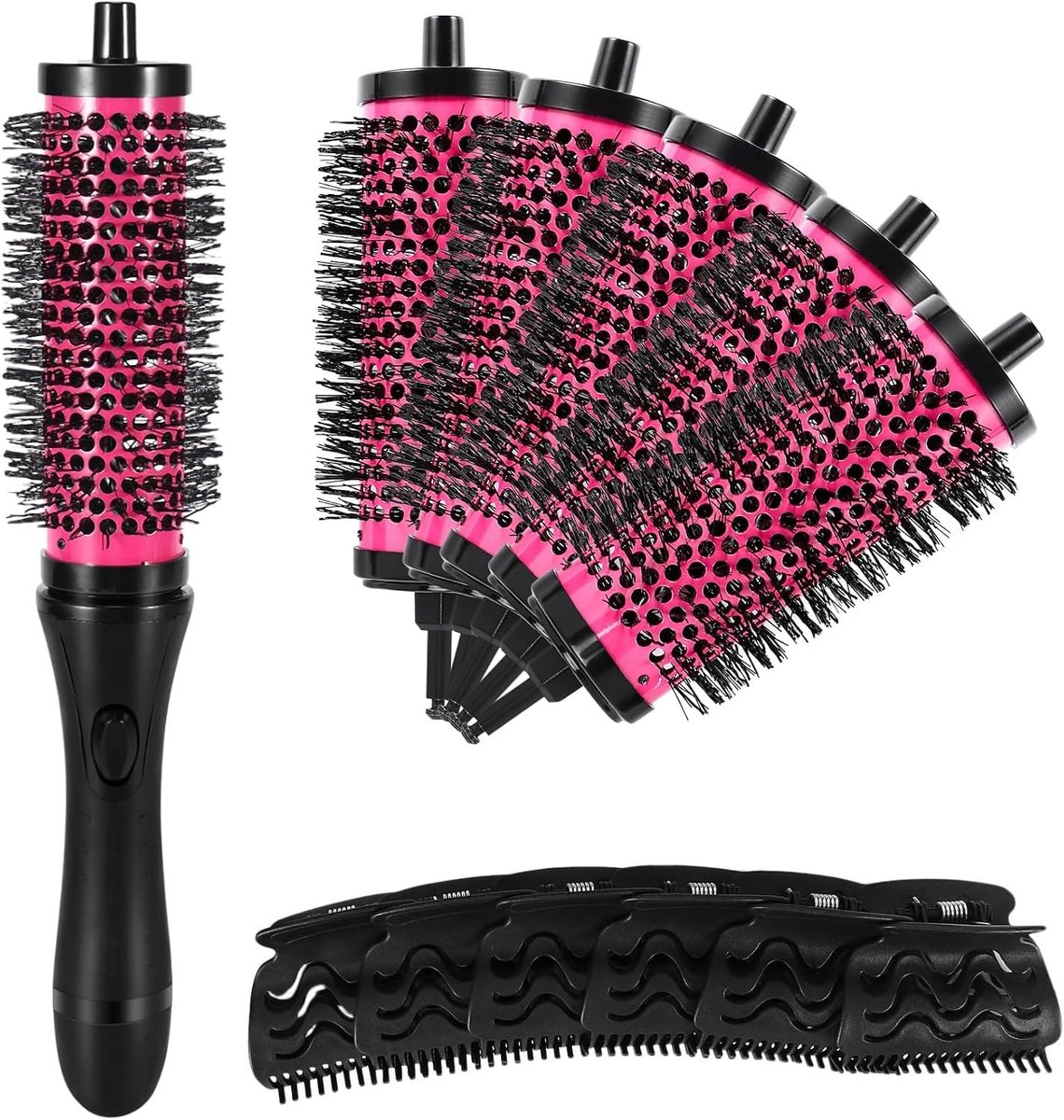 Set van 6 Ronde Borstels, Keramisch en Antistatisch, Nano Ionisch, Voor Krullen en Professionele Styling met Verwijderbare Koppen en Positioneringsclips