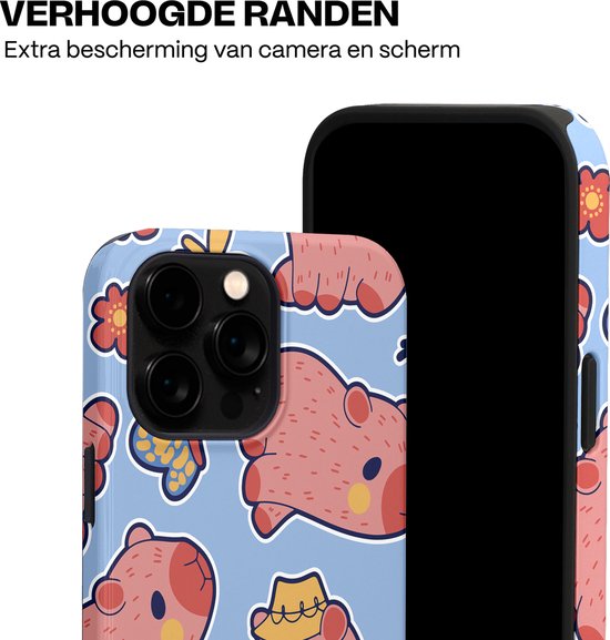 Telefoonhoesje met capibara's en bloemenprint op blauwe achtergrond, op een iPhone 14 Pro.