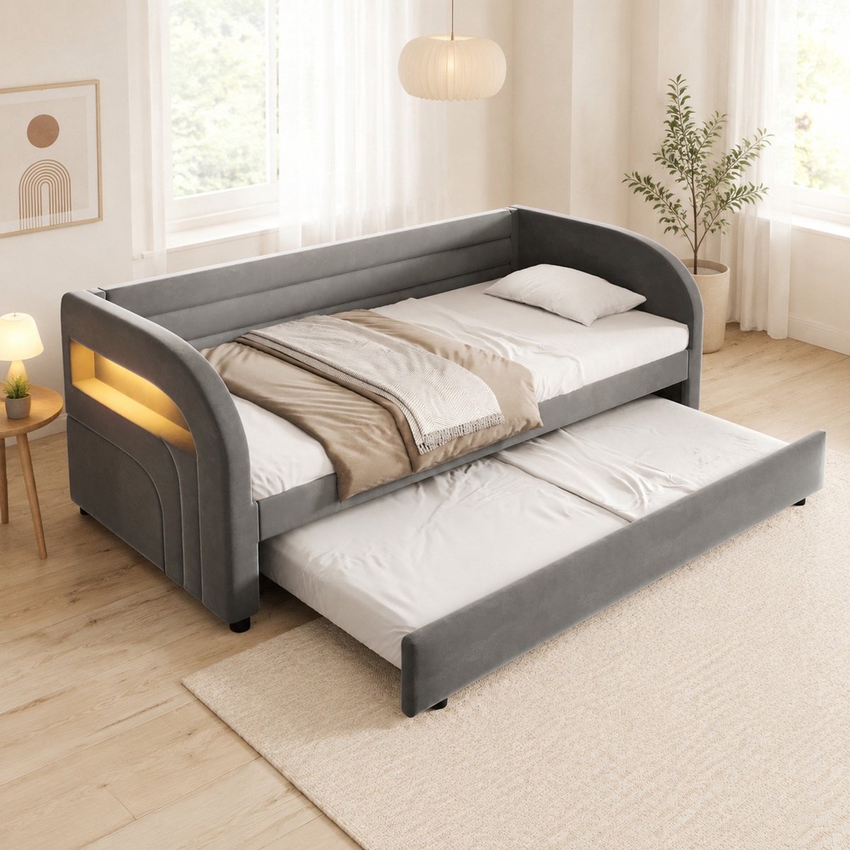 COVREO Eenpersoonsbed met uitschuifbed – 90x200 cm – Platformbed met LED-verlichting – voor kinderkamer – Grijs - zonder matras