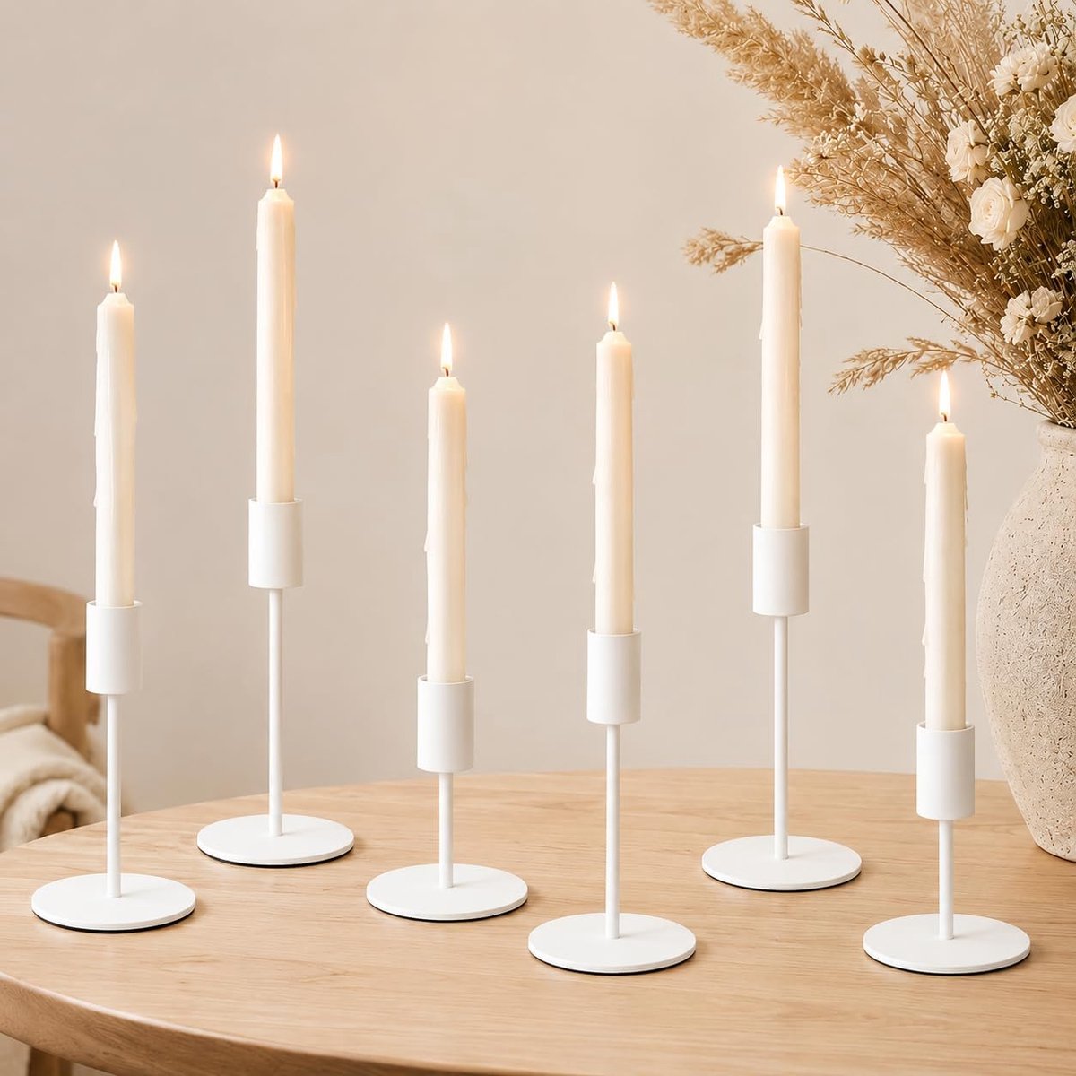 Set van 6 kandelaars van metaal, kandelaars staafkaarsen 16/14/8,5 cm, 3 verschillende hoogtes, kandelaar voor bruiloft, tafeldecoratie, open haarddecoratie en diner (wit)