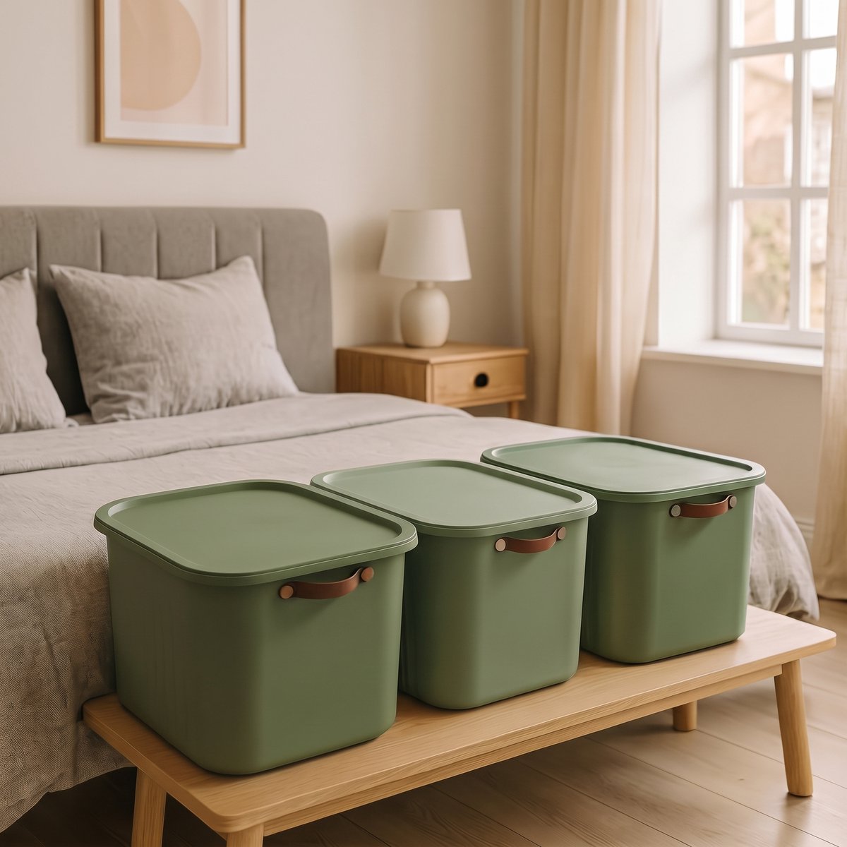 INDECOR-Opbergbox 20 Liter Set van 3 met Deksel – BPA-vrije Stapelbare Opbergdozen met Handgrepen – Opbergmanden voor Kleding, Speelgoed en Accessoires – Groen