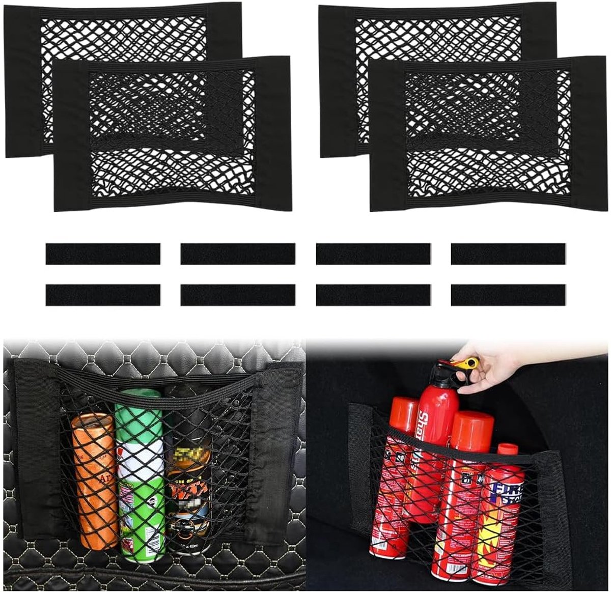 Dailygoods- Kofferbaknet 4 Stuks - Universele Auto Organizer - Elastisch Opbergnet - Beschermnet met Klittenbandsluiting - 40 x 25 cm - Voertuigorgani