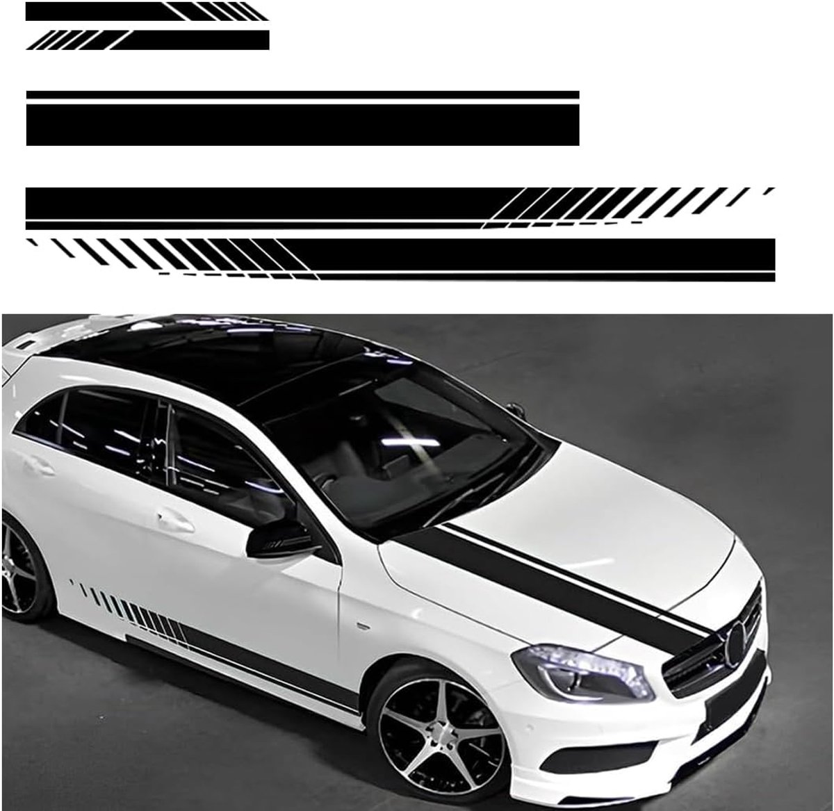 Dailygoods- Autostickers Set van 5 - Zwart PVC - Achteruitkijkspiegel/kap/zijden - Auto decoratie - Race-body zijstrepen - Schokbestendig en waterdich