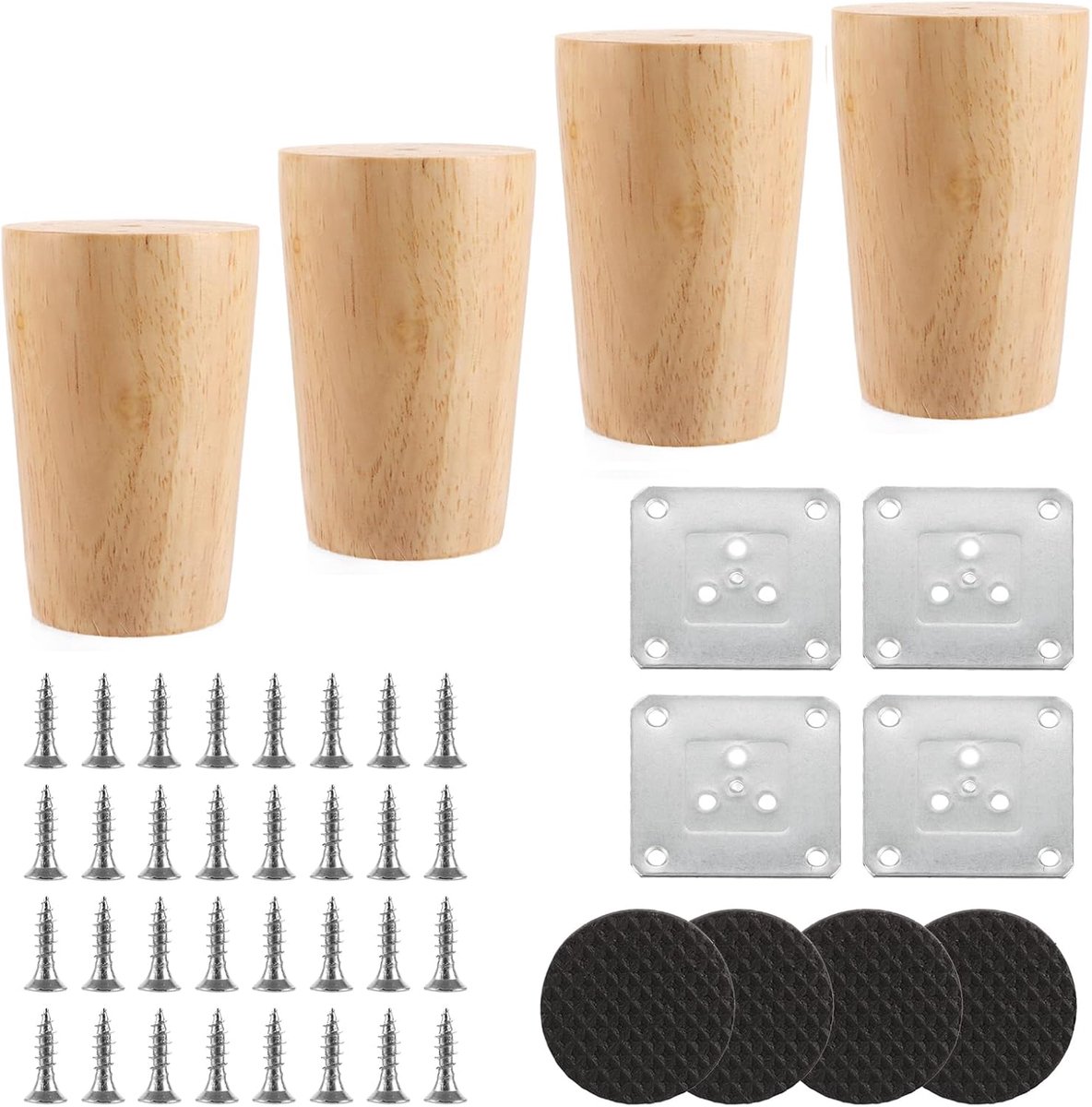 Dailygoods- Meubelpoten 6 cm - Houten Poten - Bankpoten/Kastpoten - Robuust/Rond - Zware Belasting - Inclusief Montageplaten - Tafelpoten