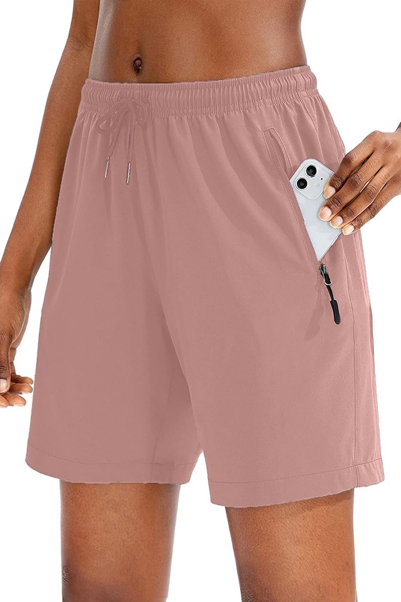 Korte broek voor dames, elastische tailleband, sportshorts met zakken, korte sportbroek voor dames, C-roze, L
