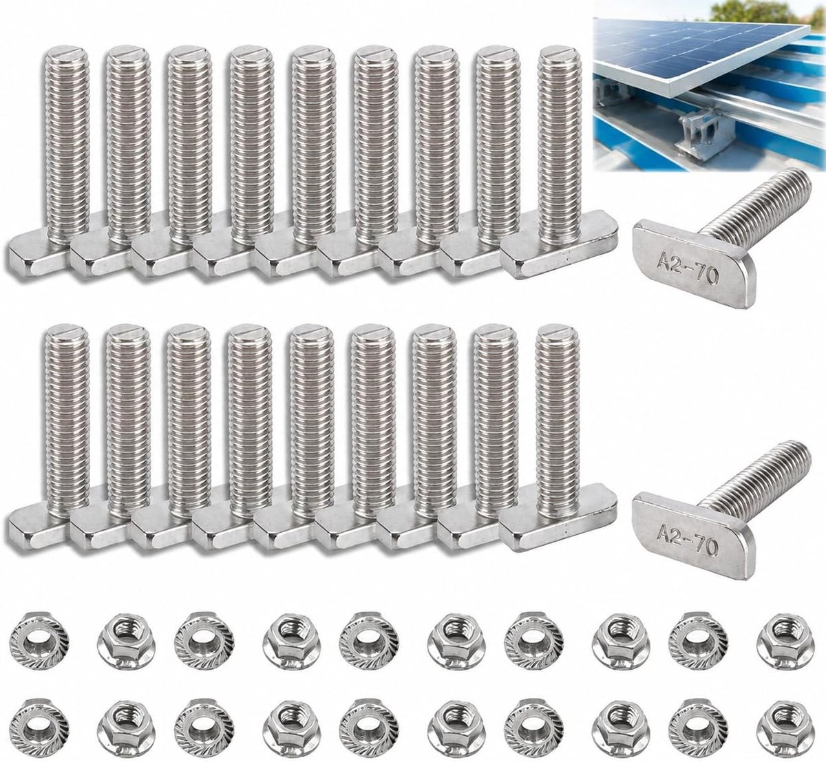 Hamerkopbouten M8x20 - A2 RVS - Met flensmoeren - Ideaal voor zonnepanelen - ShopVlot