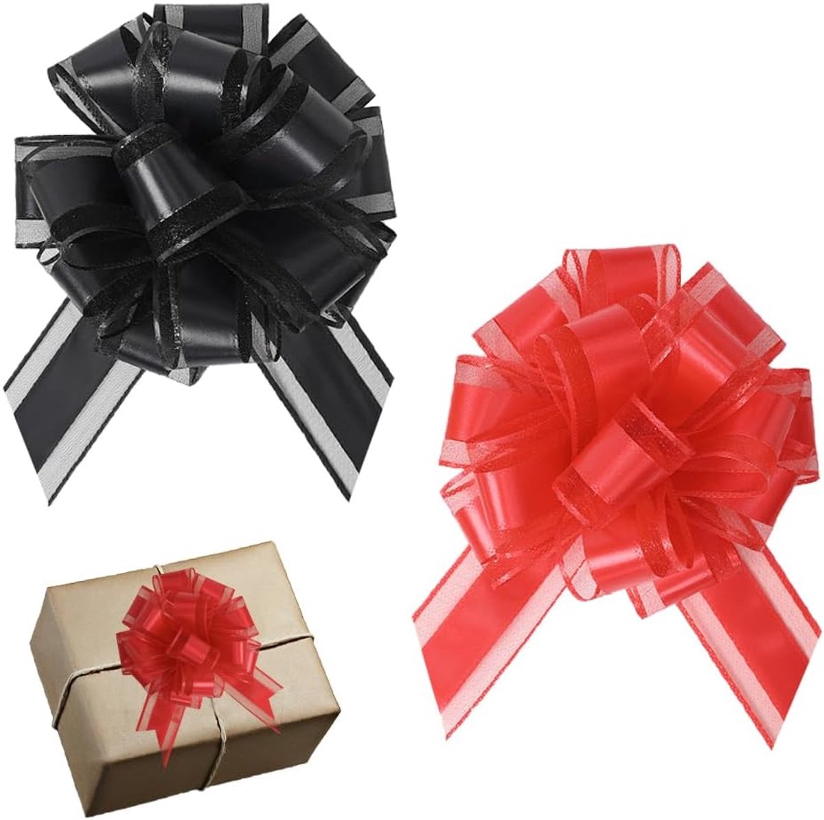 Dailygoods- Geschenkwikkelstrikken 8 stuks - Decoratieset - Handstrikken - Diameter 15 cm - Rood/Zwart - Hoogwaardig sneeuwgaas - Decoratiestrikken