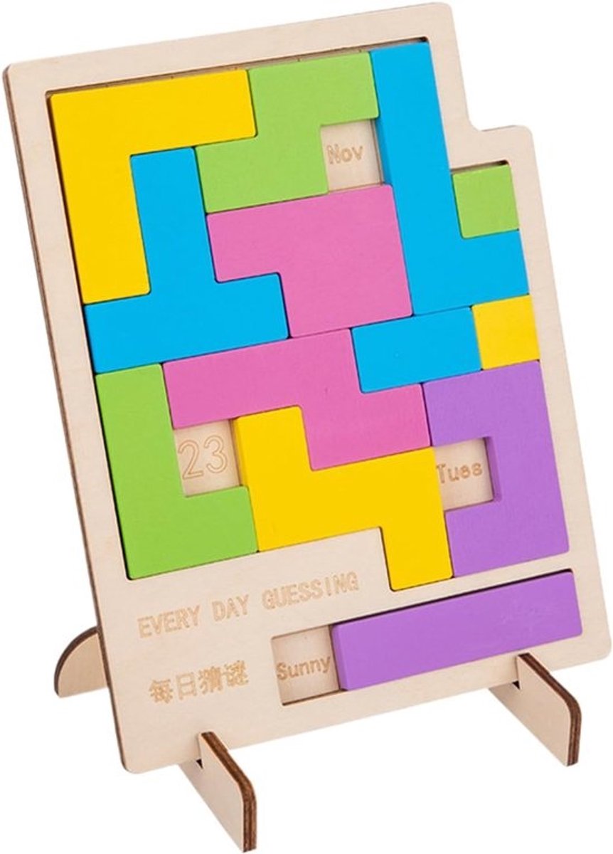 Houten Puzzel Kalender - Dagelijks Puzzelspel - Cognitieve Training - Elegant Houten Design - 19 x 15 cm - Natuurlijk Hout