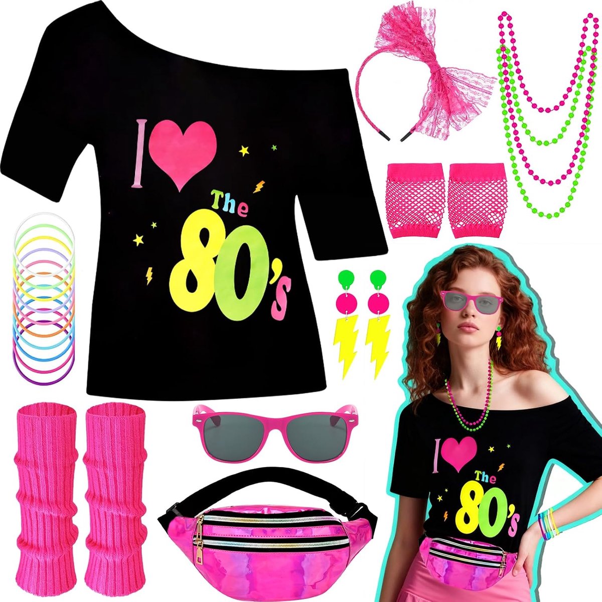 80-outfit voor dames, jaren 80-kostuum, accessoireset met T-shirt, heuptas, hoofdband, bril, handschoenen, beenwarmers, oorbellen, halsketting, armband voor vrouwen, carnaval, neon themafeest