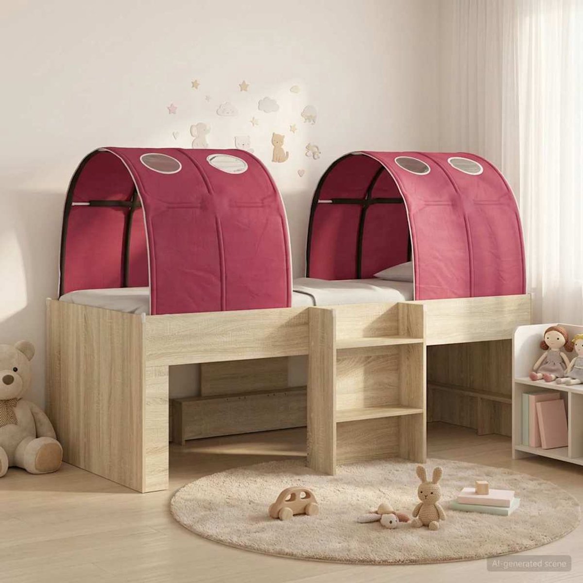 vidaXL Bed - met - Tunnel - 3 - st - Sonoma - eiken - en - rood - Bewerkt - hout Sonoma eiken en rood