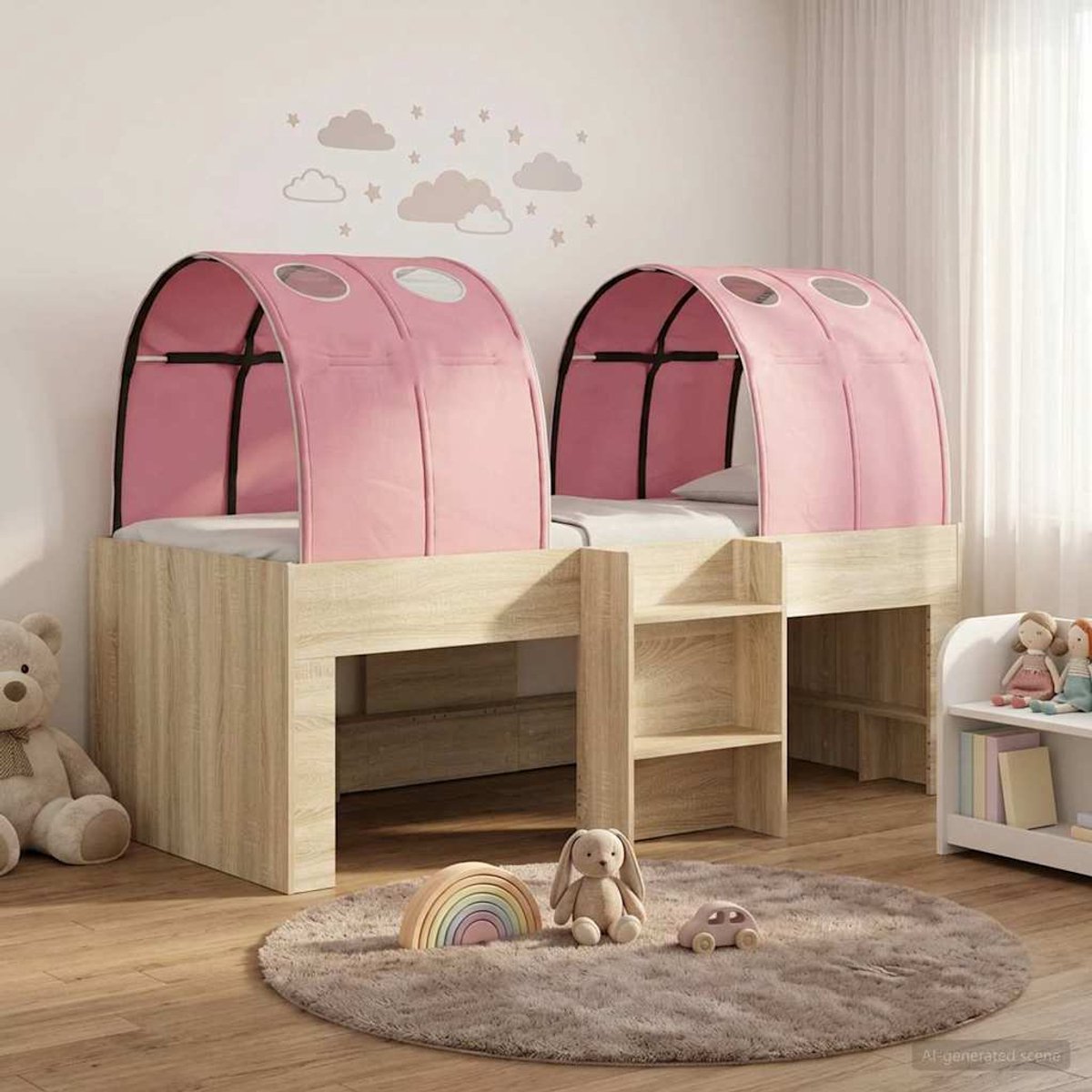 vidaXL Bed - met - Tunnel - 3 - st - Sonoma - eiken - en - roze - Bewerkt - hout Sonoma eiken en roze