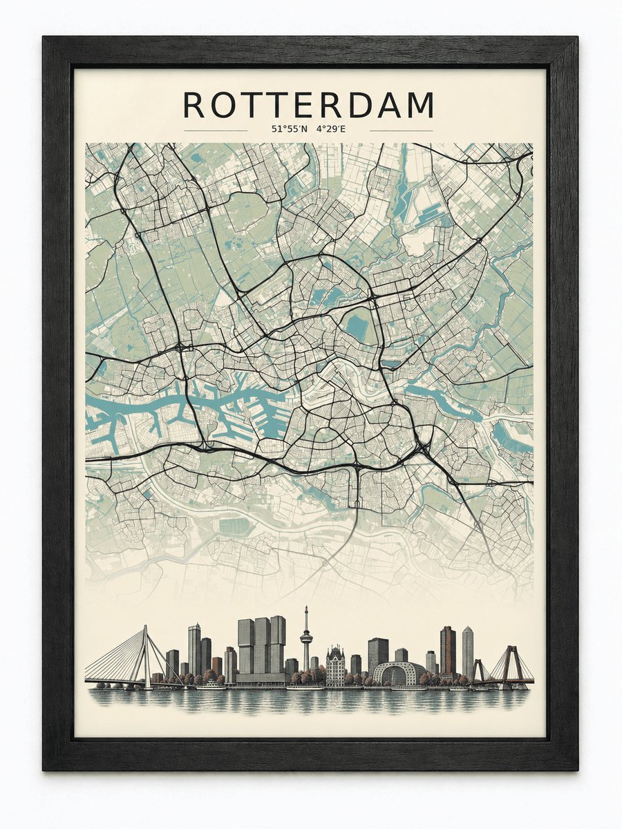 Joshimo Rotterdam Stadskaart Poster | Vintage Kaart met Skyline | Inclusief Zwarte A3 Lijst