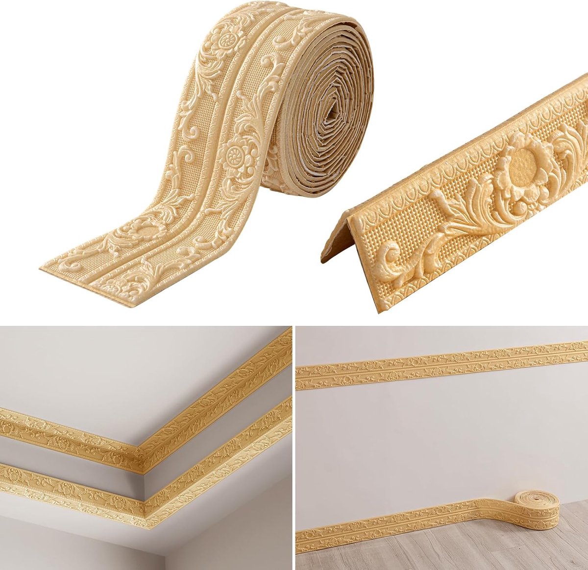 Behangrand Zelfklevend, Wandbehang 4,5m x 10cm x 8mm, Rococo-stijl Sierlijsten, Waterdicht 3D Behangborder voor Hal, Plafond, Hoek, Lijn (Goud)