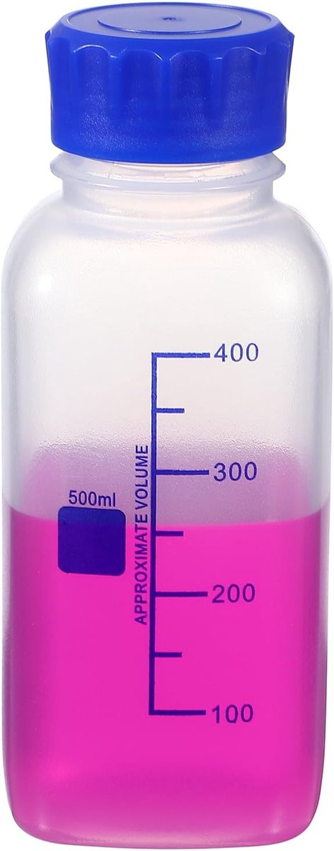 500 ml verdikte media opslagflessen, 1 stuks PP plastic afgestudeerde fles met blauwe schroefdop voor laboratorium water reagens vloeistoffen, transparant (vierkant)