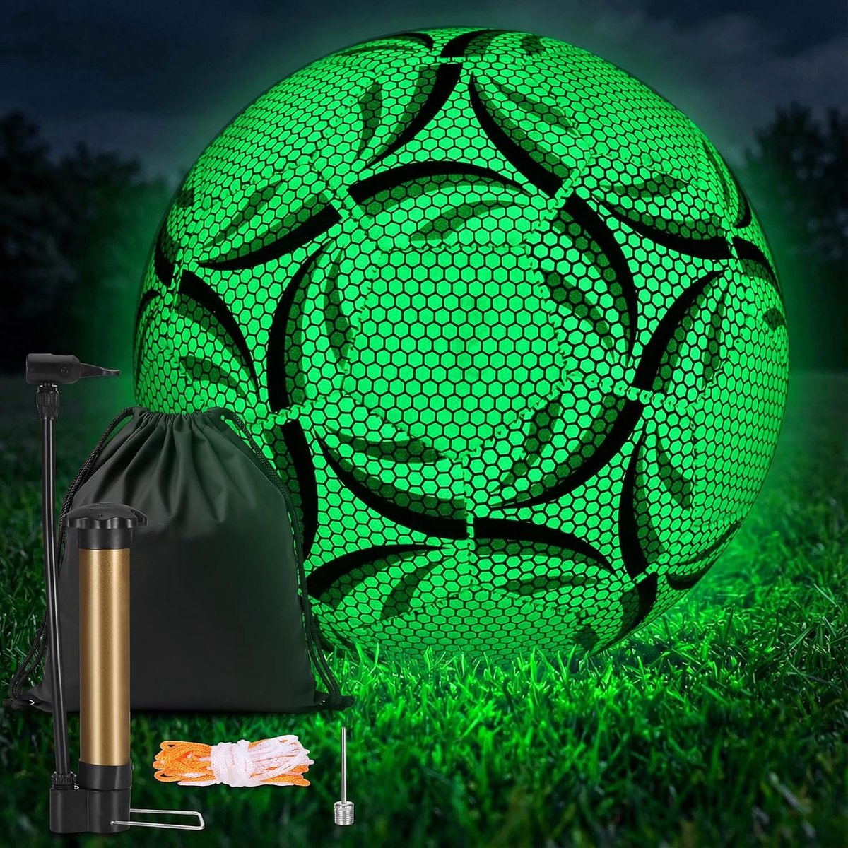 Voetbal, maat 5, lichtgevende voetbal met pomp en opbergtas, kinderen en jongeren en volwassenen, voetbalwedstrijdbal