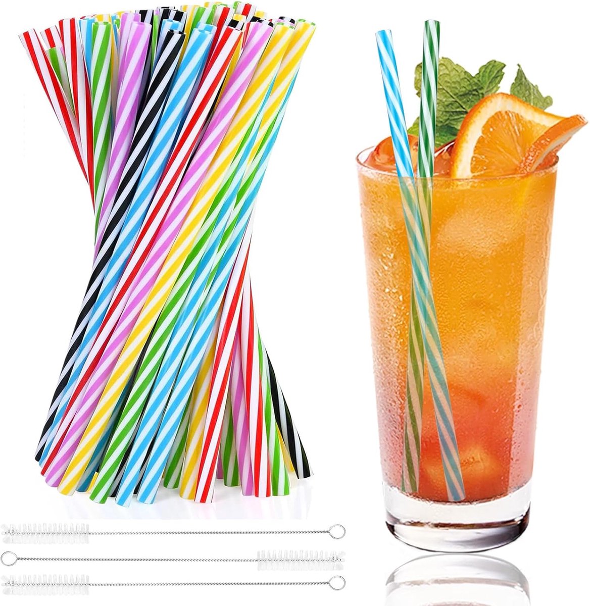 Herbruikbare rietjes, harde rietjes met 3 rietjesborstels, rietjes voor cocktails, smoothies, sappen, warme dranken (lengte 24 cm, diameter 1 cm)