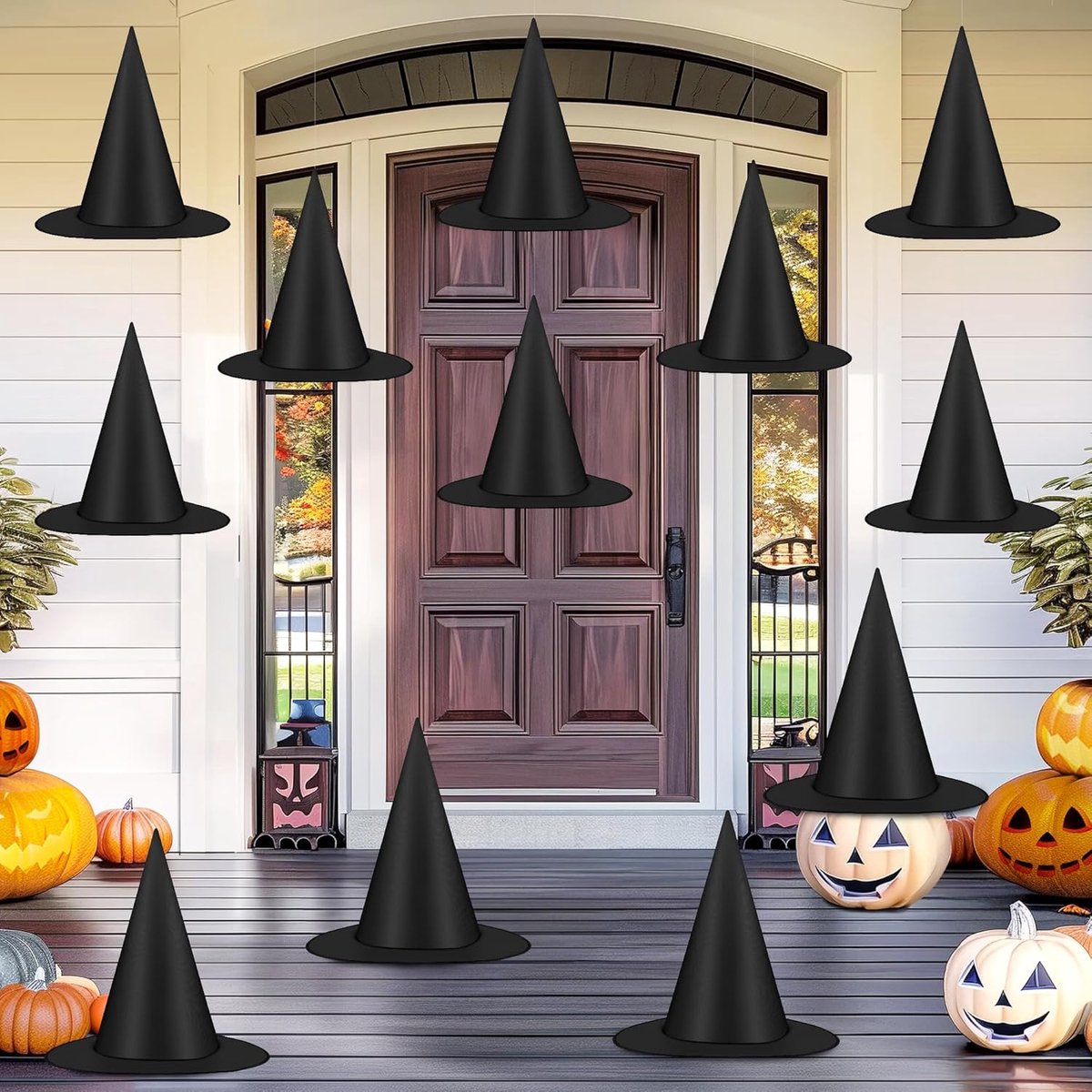 Heksenhoeden Set Van 12 - Zwart - Oxford-Stof - Met Ca. 48 m Nylonkoord - Ophangbare Feestdecoratie Voor Halloween & Themafeesten