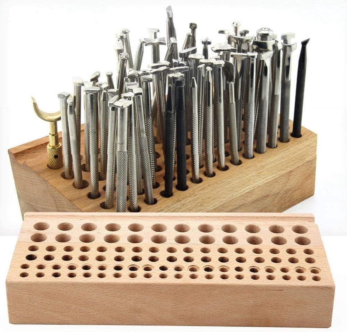 Dailygoods- Gereedschaphouder Lederen 98 Gaten - Hout/Rubber Constructie - Handgereedschappen - Stempelen/Perforatie - Cadeau voor Doe-Het-Zelf - Perf