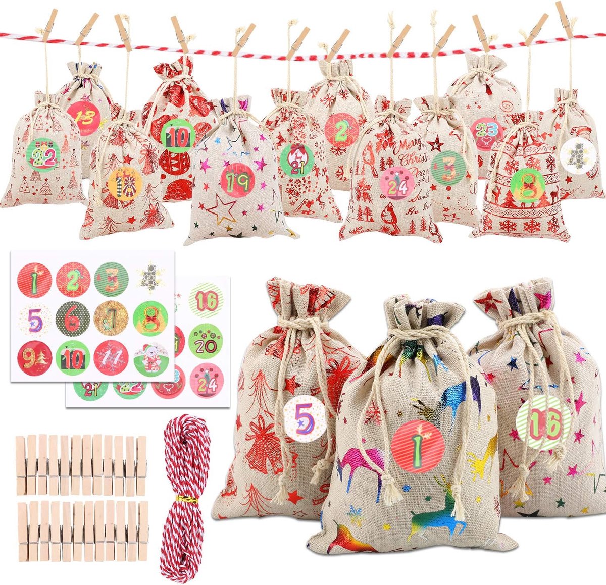 Allecto - Kerst Adventskalender - Jute Cadeauzakjes - 24 Stuks - Perfect voor de Feestdagen - Duurzaam en Herbruikbaar - Cadeaus voor Kinderen - Ge..