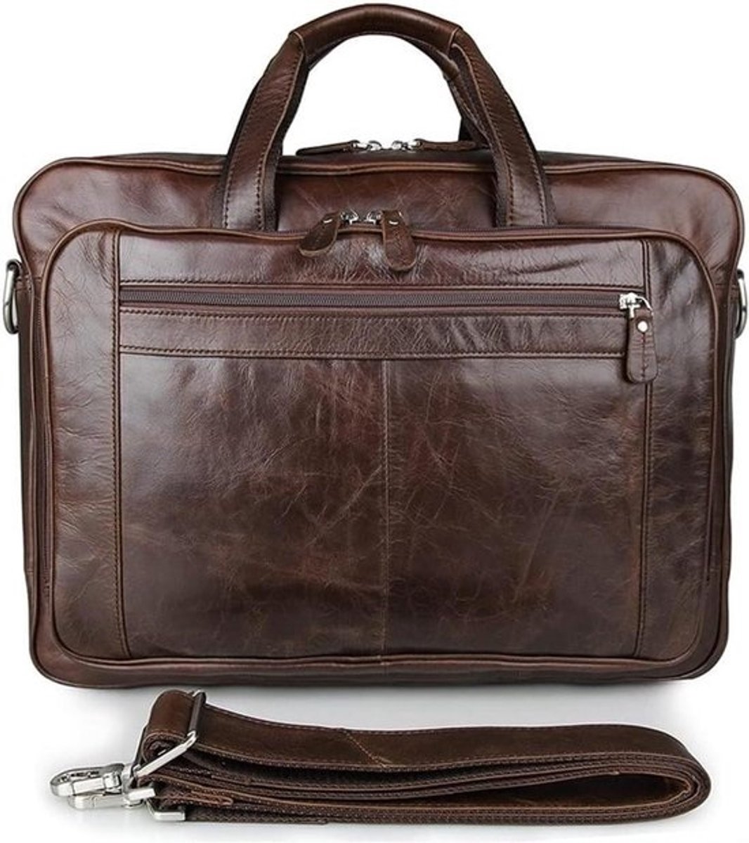 Leren Aktetas Heren - Laptoptas Schoudertas - Zakelijk Gebruik - Crazy Horse Leer - 17 inch Laptop - Bruin