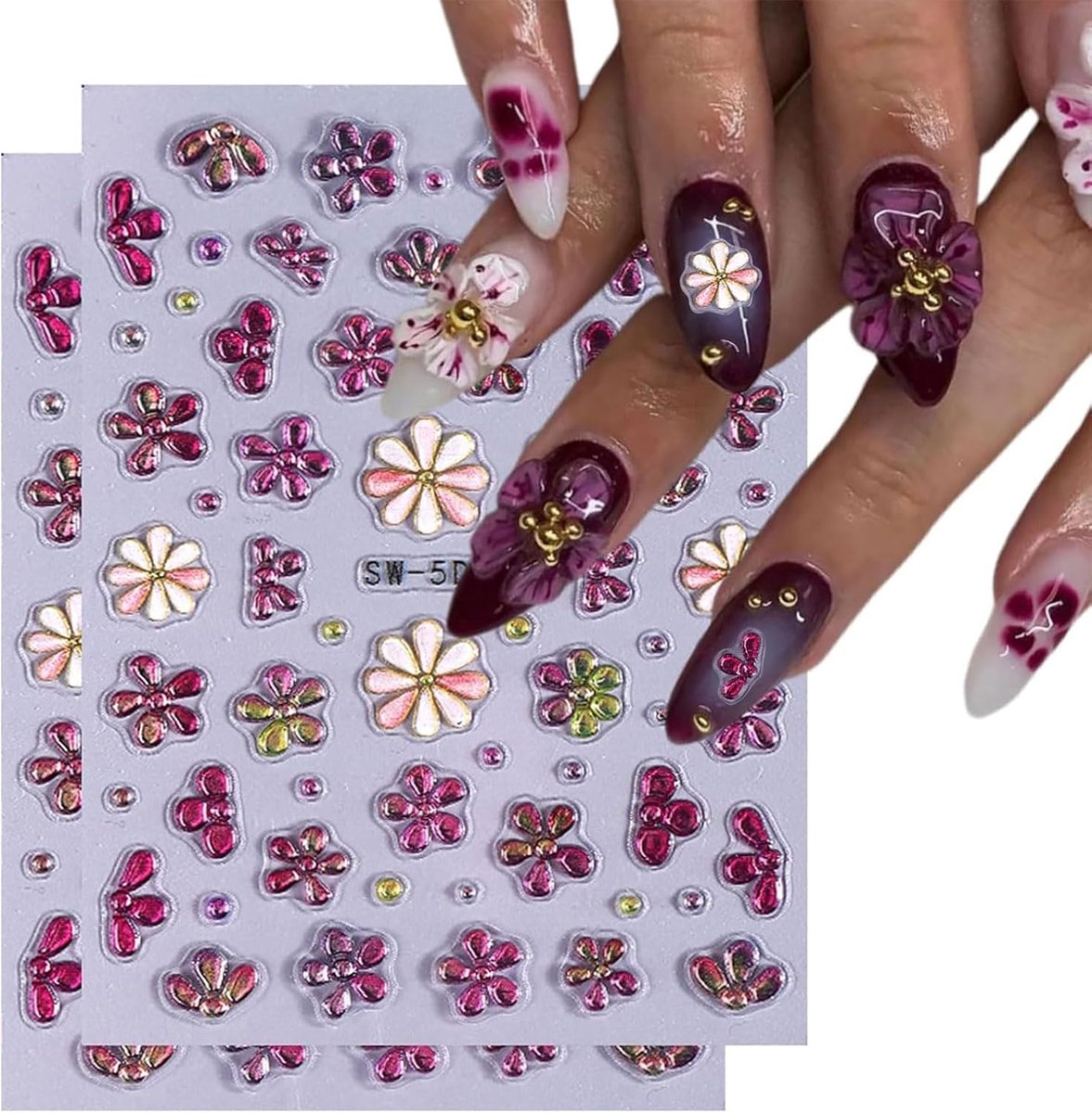 Dailygoods- Nagelstickers Bloemen - 2 Vellen - Zelfklevend - Nagelkunst - Florale Strass - Eenvoudig te gebruiken - Veilig materiaal