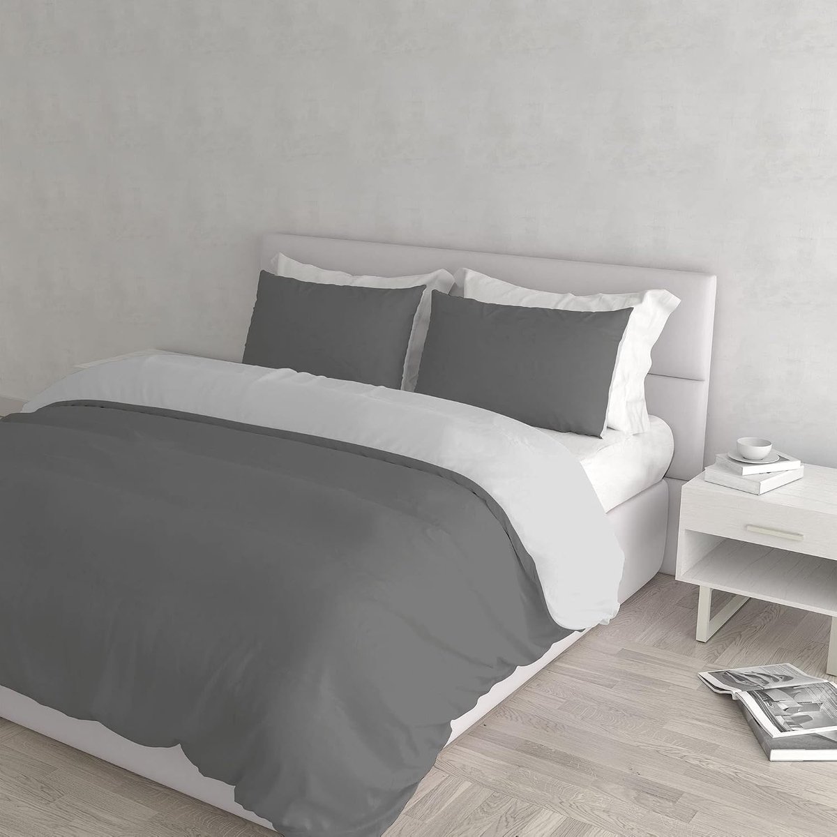 Bed Linen Natuurlijke kleur Dekbedovertrek Set met Doubleface Effen Kleur Tas Sheet en Kussensloop, 100% Katoen, Donkergrijs/Lichtgrijs, dubbele