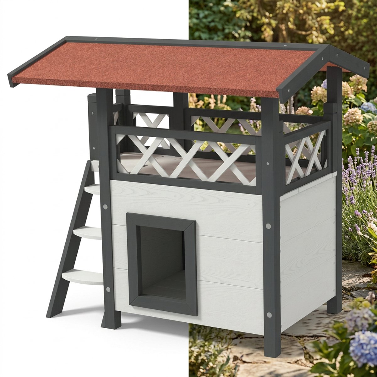 Bol.com Kattenhuis - Voor buiten - Hok - Kooi - Bench - Ren - 2 verdiepingen - duurzaam - Grijs aanbieding