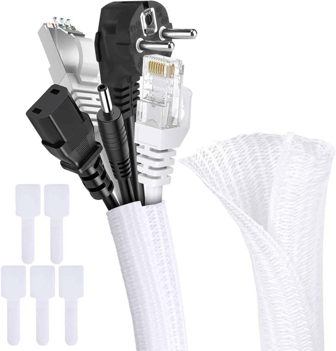 Dailygoods - Zelfopwindende kabelhuls - Kabelbeschermer - Wit - Draadweefgetouw - Bescherming tegen knagen - Geschikt voor tv en pc