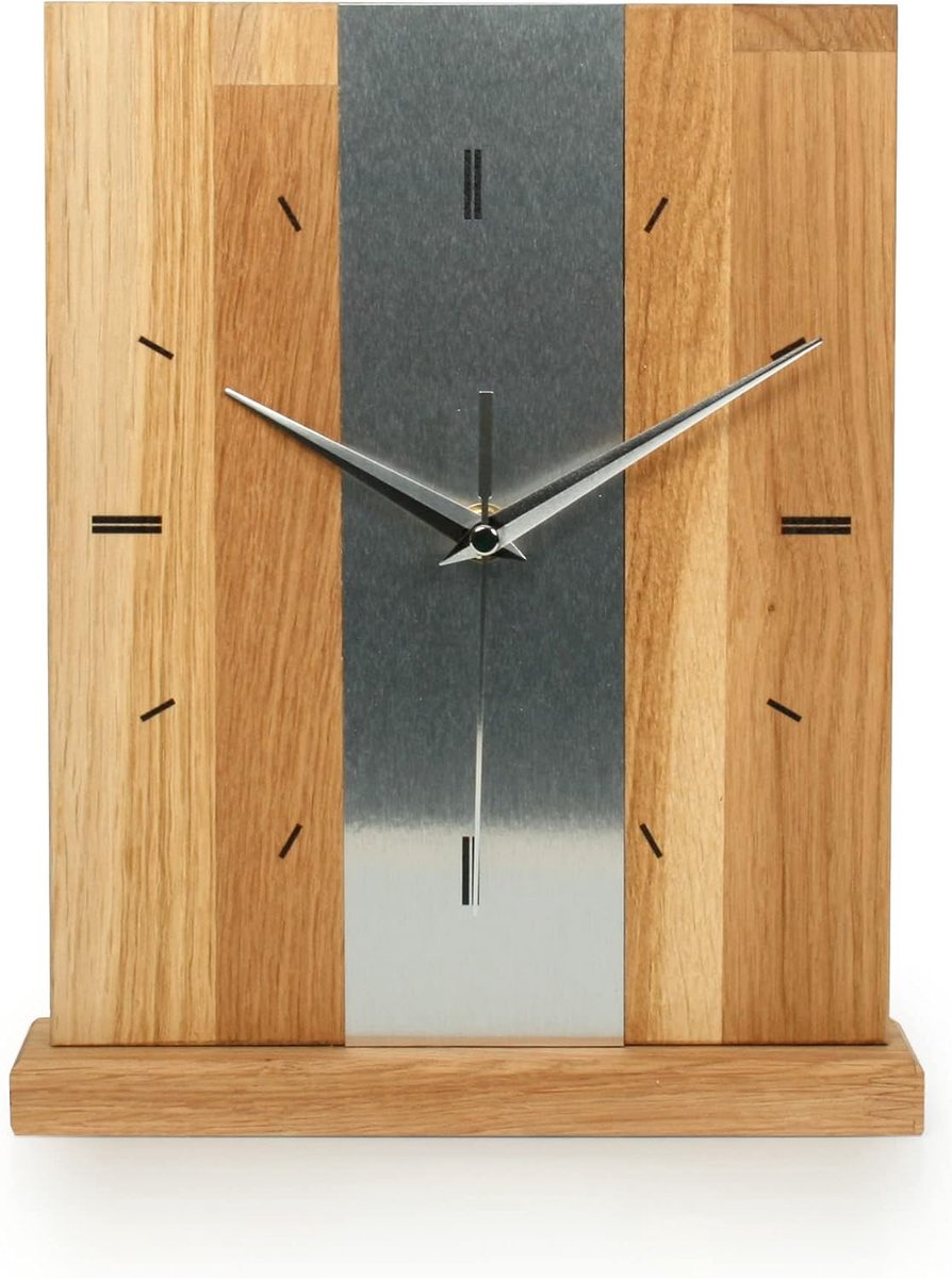 Feder Designer-StANDhorloge, Silver Stripe van massief hout, 27 x 20 cm, analoog tafelhorloge zonder tikkende geluiden, radioklok, eikenhout