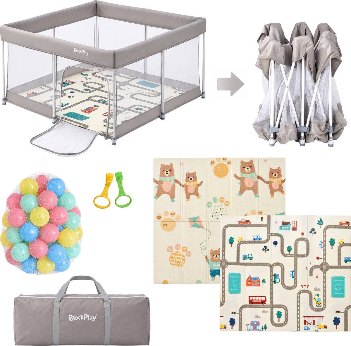 BlockPlay® Grondbox inklapbaar Baby 127x127 cm - Speelbox - Playpen - Kinderbox – Kruipbox – Ballenbak - Inclusief speelmat 50 speelballen draagtas en 2 optrek hendels – Grijs