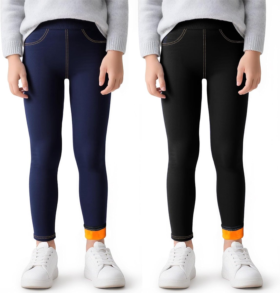 Leggings meisjes, Set van 2,jeanslook gevoerde met fleece kinder winter warme lange broeken met zakken jeggings thermobroeken winterleggings, 4-12 jaar, maat 104-158