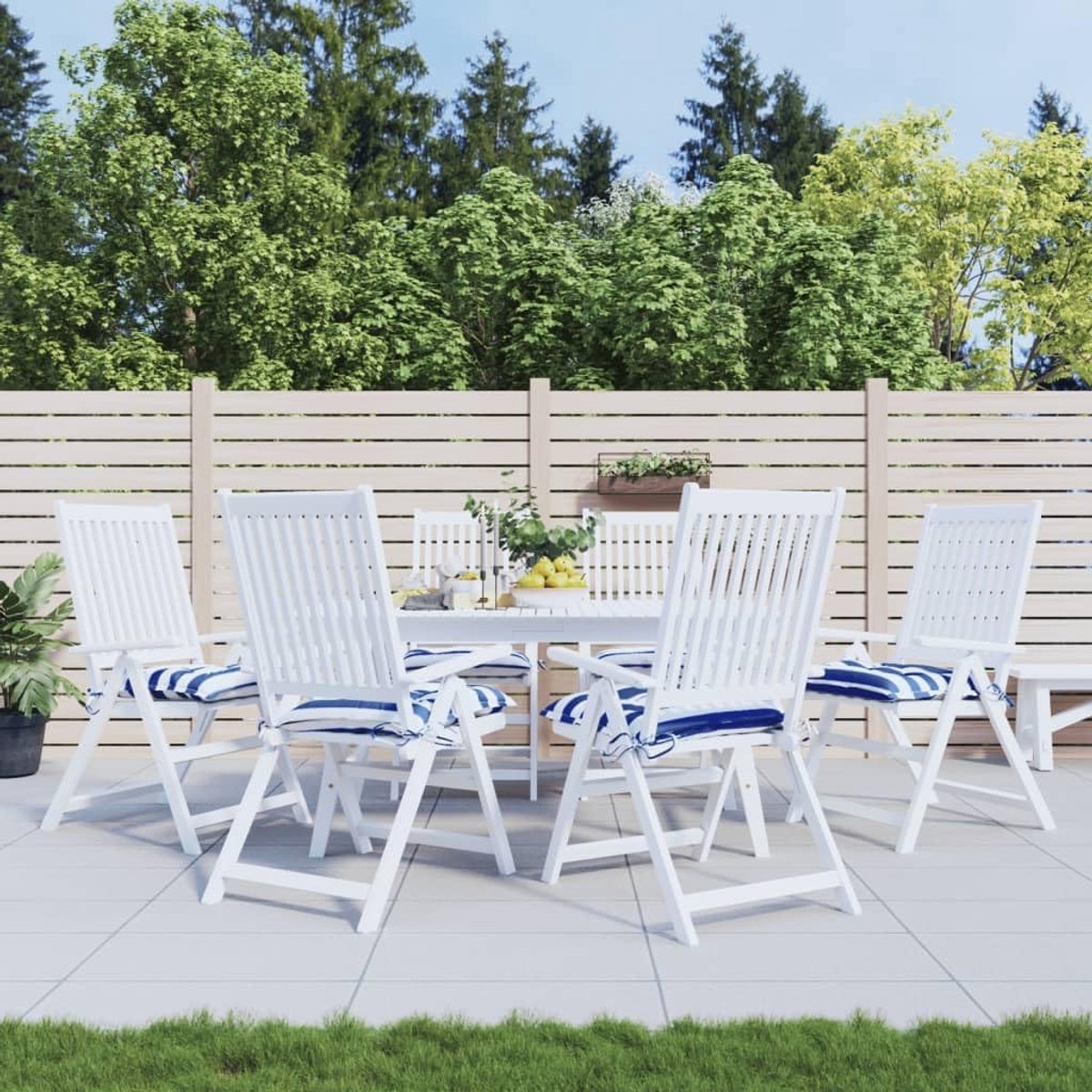 Stoelkussens, 6 stuks, blauw/wit gestreept, 50 x 50 x 7 cm, Oxford-stof, zitkussen voor tuinstoelen, met PP-holle vezelvulling en bevestigingskoorden