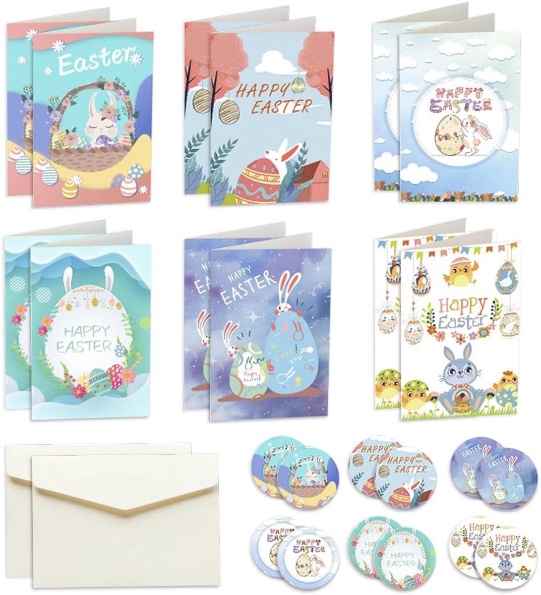 12 stuks grappige paaskaartenset, vrolijke Pasen wenskaarten met enveloppen en stickers, kleurrijke kaartenset van hoogwaardig wit karton voor paasfeesten