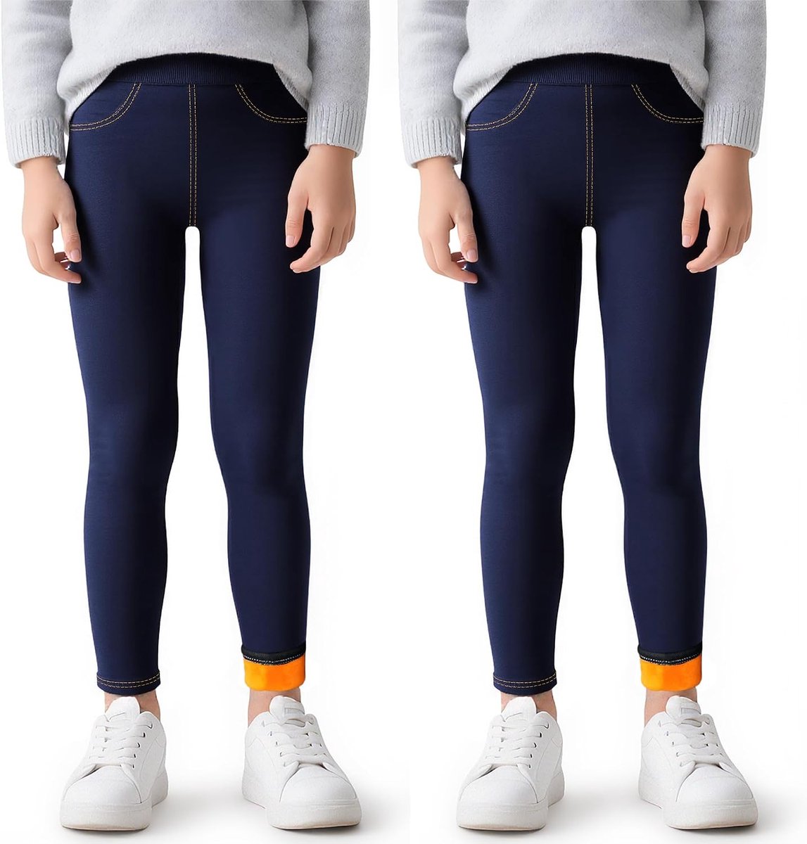 Leggings meisjes, Set van 2,jeanslook gevoerde met fleece kinder winter warme lange broeken met zakken jeggings thermobroeken winterleggings, 4-12 jaar, maat 104-158